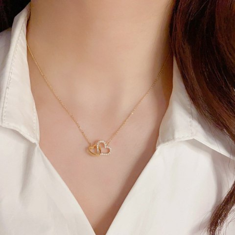 Naszyjnik stal szlachetna pozłacana 14k złotem, podwójne SERCA cyrkonie NST2197