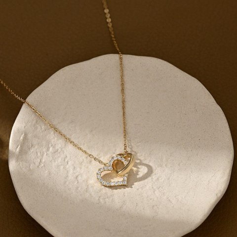Naszyjnik stal szlachetna pozłacana 14k złotem, podwójne SERCA cyrkonie NST2197