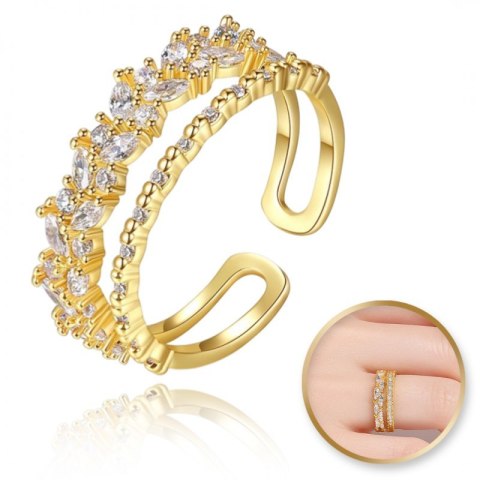 Pierścionek stal chirurgiczna platerowana złotem, regulowany z cyrkoniami PST932