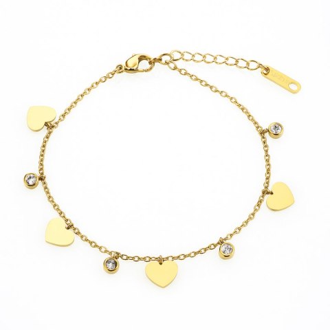 Bransoletka na rękę stal chirurgiczna pozłacana złotem, serca, cyrkonie BST1582