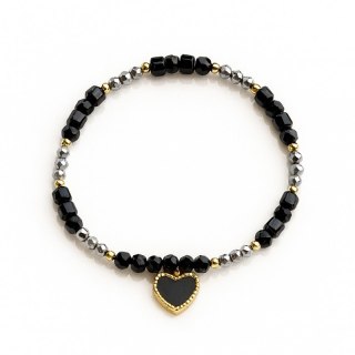 Bransoletka na rękę stal chirurgiczna pozłacana 14k złotem, czarne Serce, na gumce BST1566