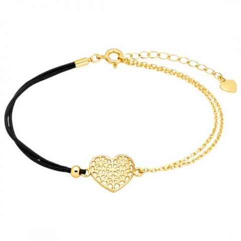 Bransoletka na rękę stal chirurgiczna pozłacana ażurowe SERCE, czarna na sznurku BST1603